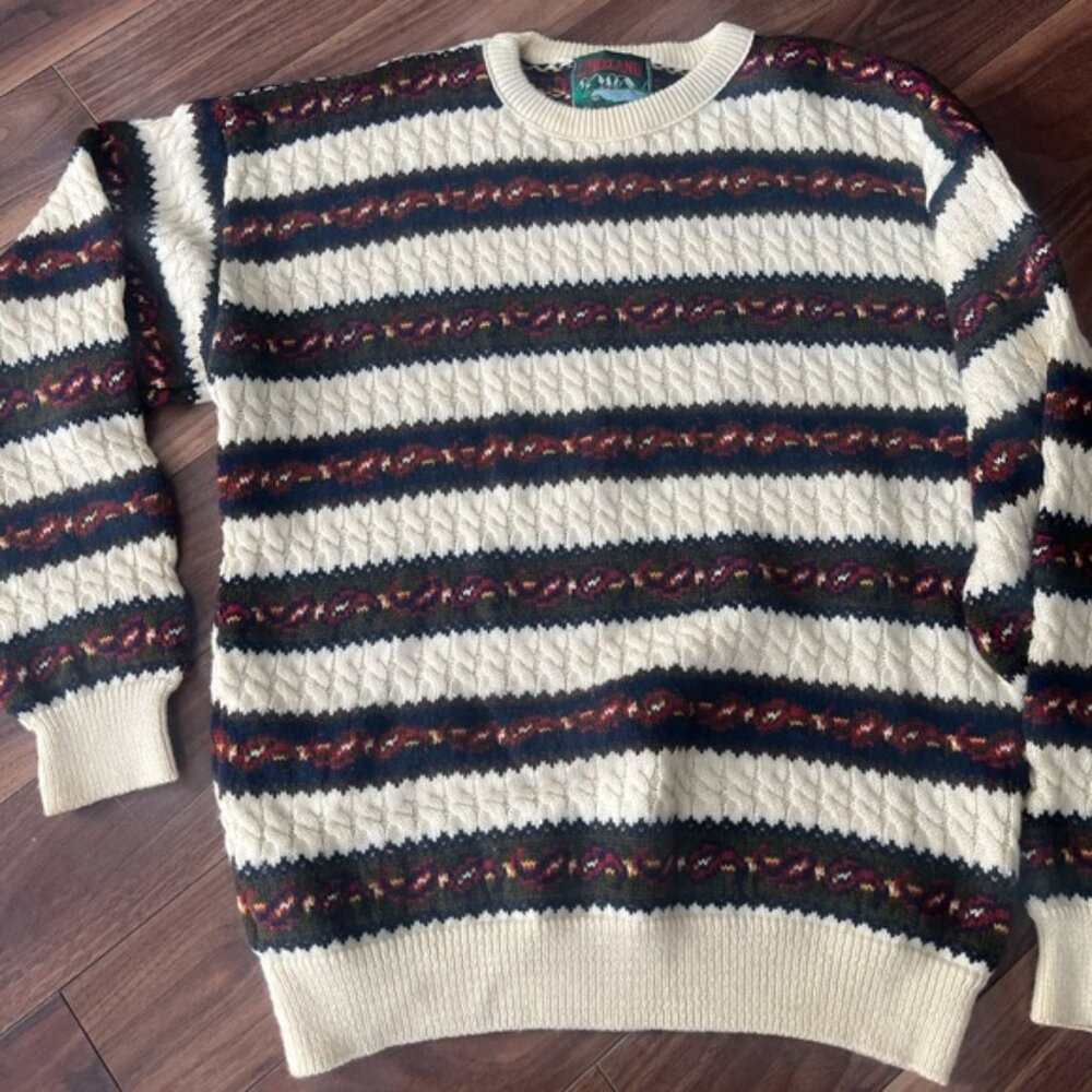 Vintage fishermans  sweater cable knit with olive green and navy stripes XL